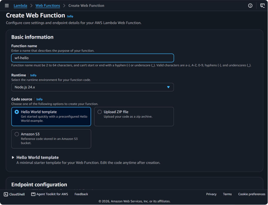 Create Web Function basic information with wf-hello, Node.js 24.x, and Hello World template