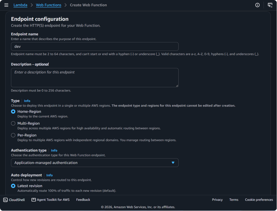 Endpoint configuration with name dev, Home-Region, Application-managed authentication, and Latest revision