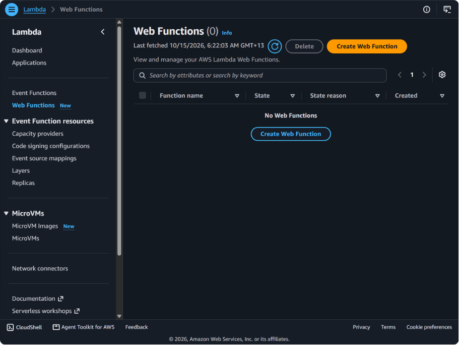 Lambda left nav with Web Functions (New) selected and empty Web Functions list
