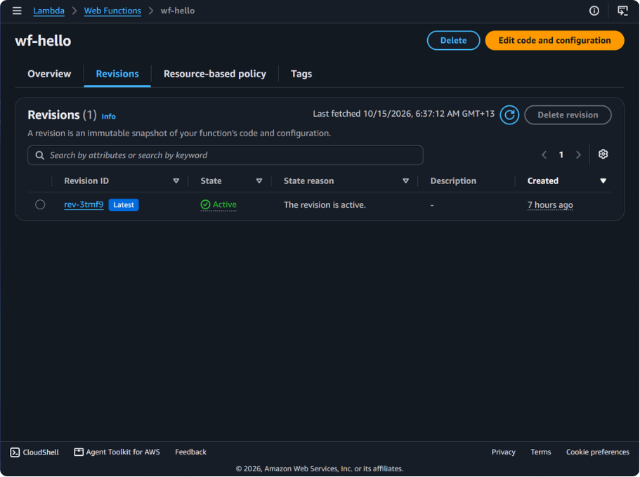 Revisions tab for wf-hello with latest revision Active