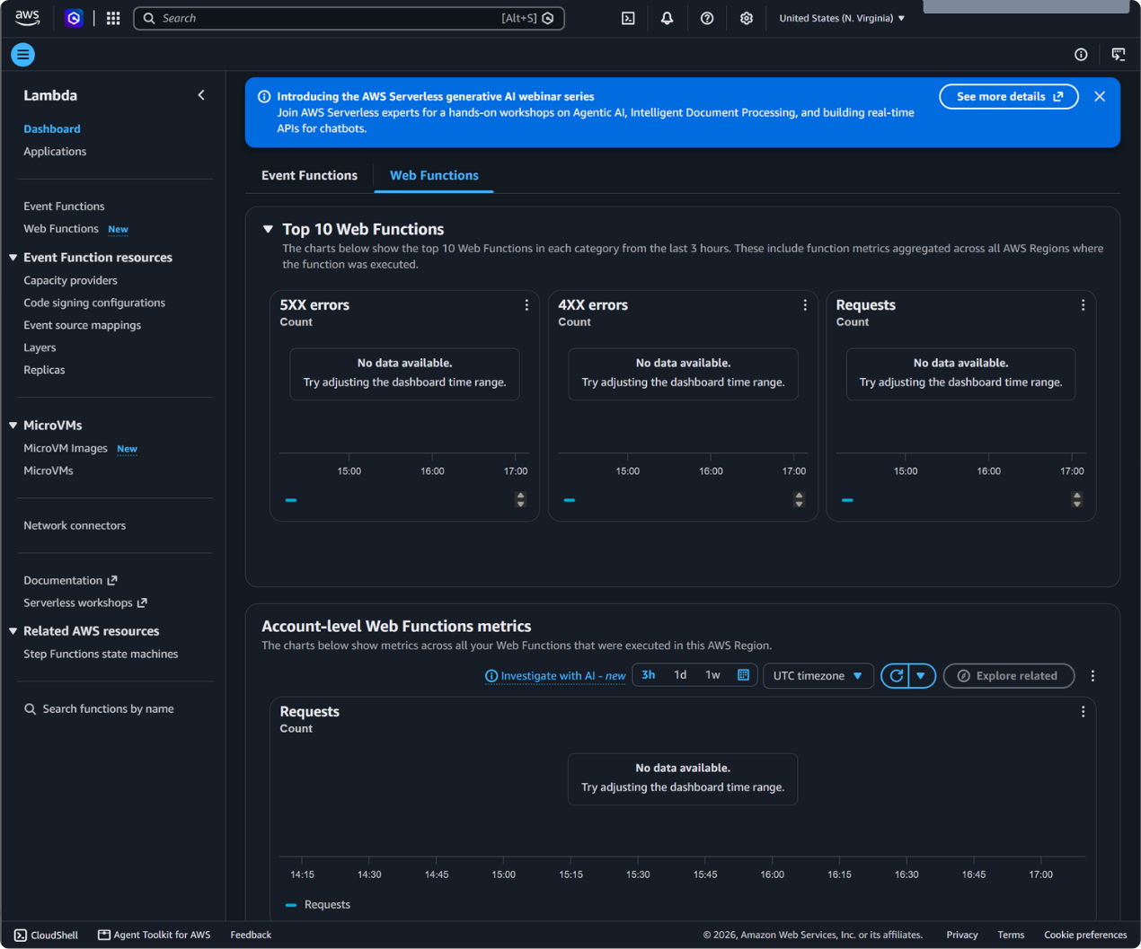 AWS Lambda console Region set to United States (N. Virginia) with Web Functions (New) in the left nav